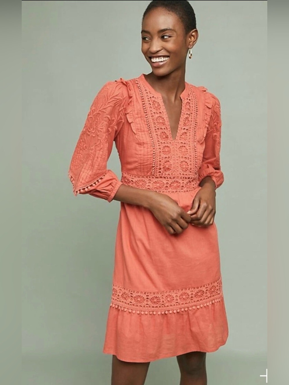 Akemi + Kin Anthropologie Coral Embroidered Crochet Boho Mini Dress Size S